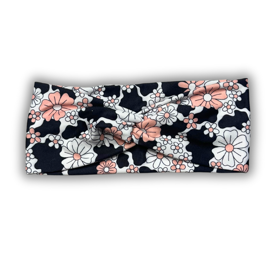 Pink Flowers & Cow Print Twisted Headband