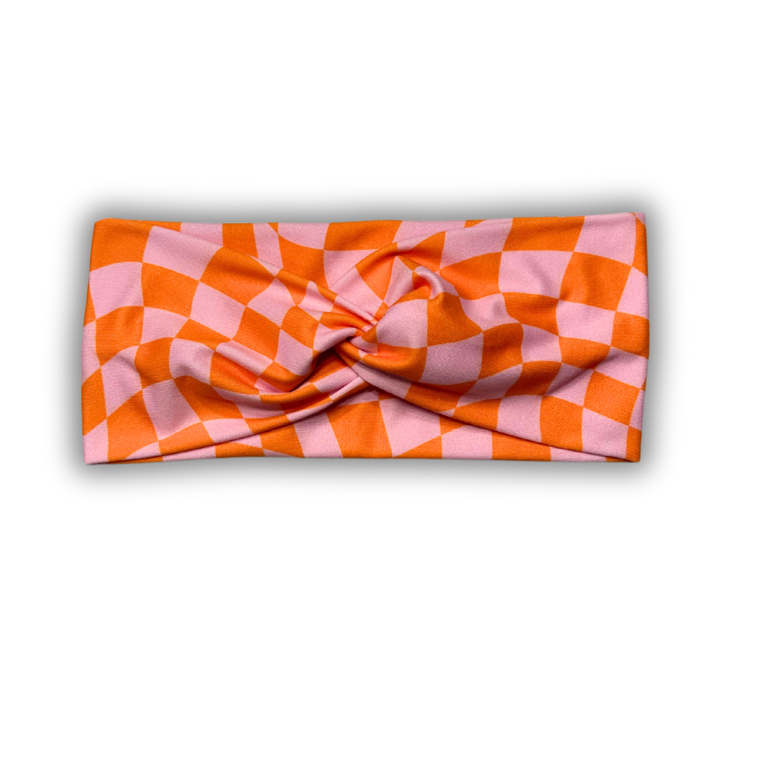 Pink/Orange Wavy Checkered Twisted Headband